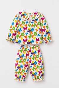 Girl wearing Anaario Neon Multicolor Alphabets Night Suit