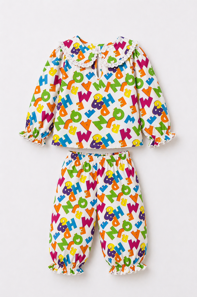 Girl wearing Anaario Neon Multicolor Alphabets Night Suit