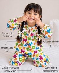 Girl wearing Anaario Neon Multicolor Alphabets Night Suit