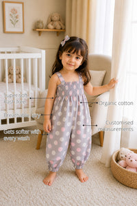 Blush Dot Smocked Baby Romper features