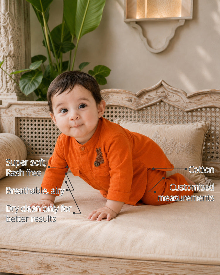 Orange Rabbit-Motif Oversized Baby Kurta Set features