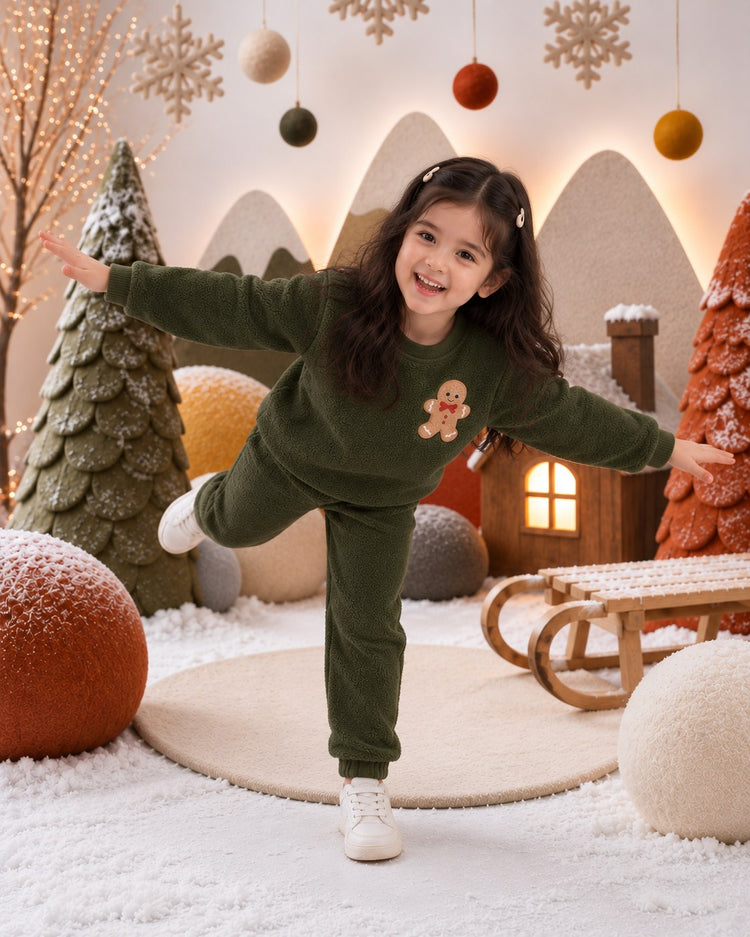 Olive Green Gingerbread Fleece Set on child by Anaario – winter fleecewear