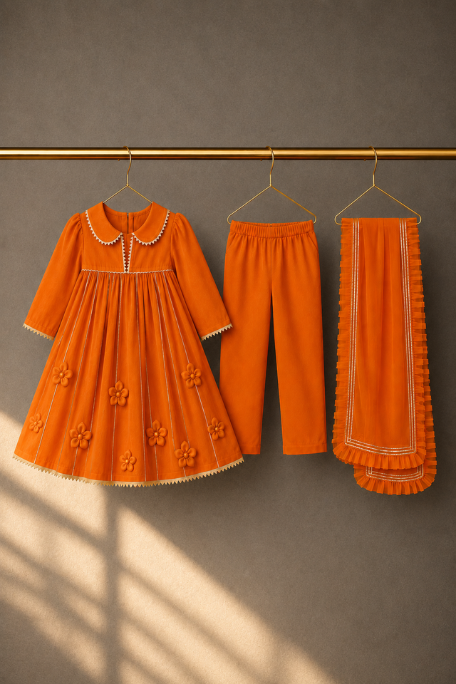 Girl wearing Anaario Orange Anarkali Set