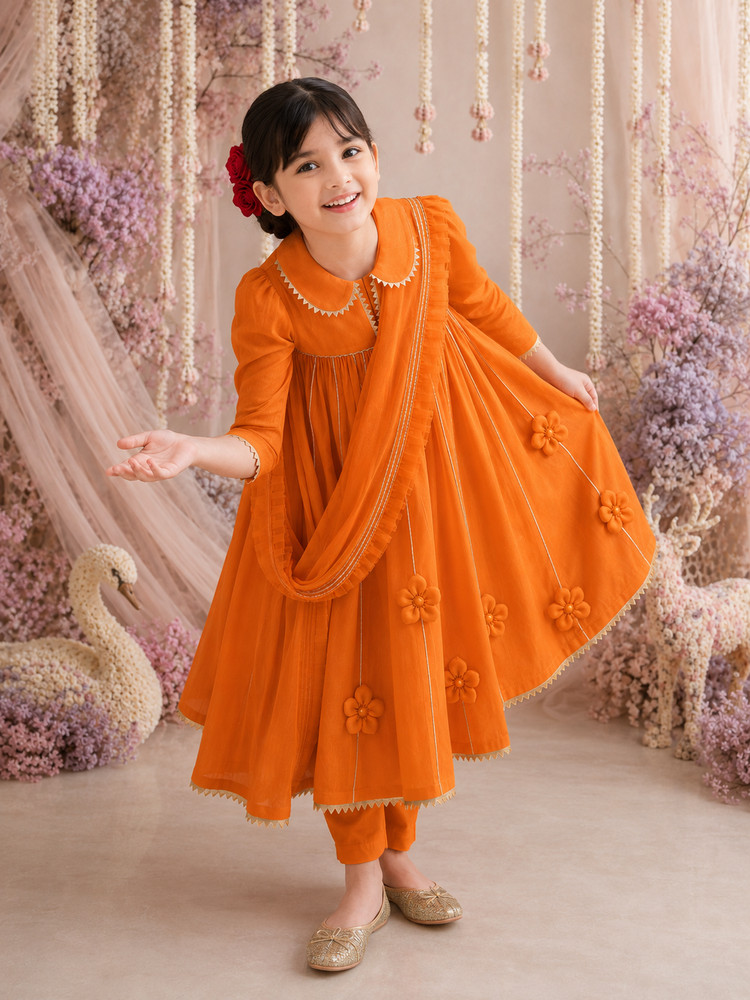 Anaario Orange Anarkali Set, anarkali set for kids