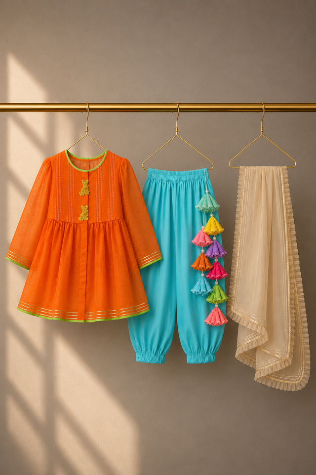 Girl wearing Anaario Orange Bunny Patiala Salwar Set