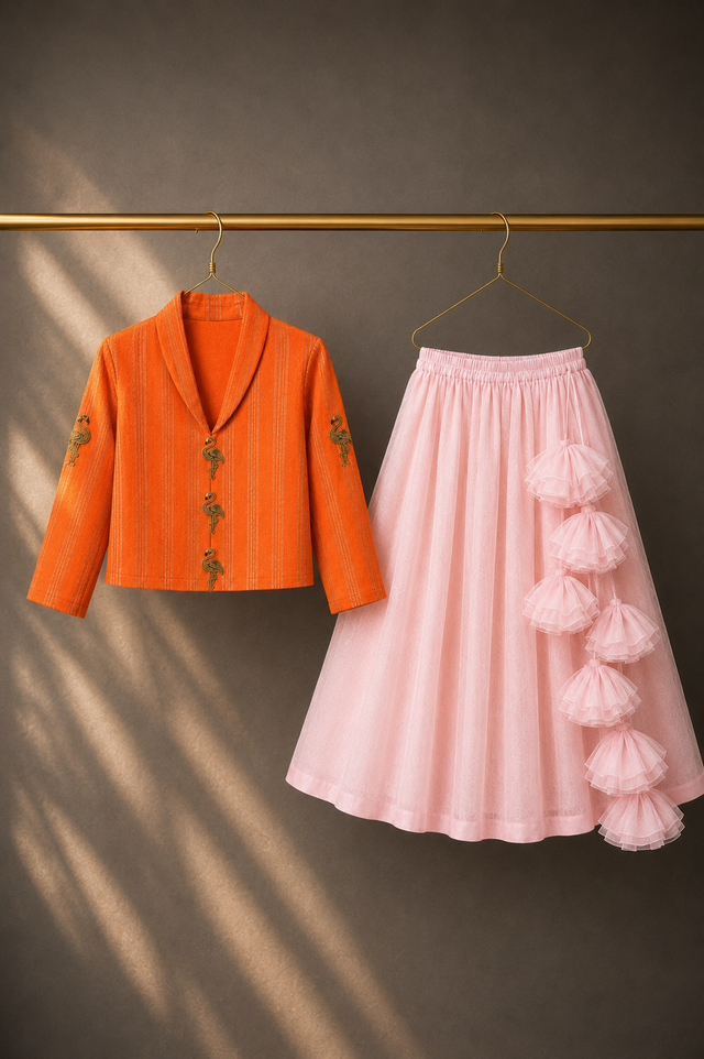 Girl wearing Anaario Orange Flamingo Jacket-Lehenga Set