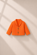 Anaario Orange Flamingo Jacket-Lehenga Set, orange jacket flat lay with gold flamingo buttons