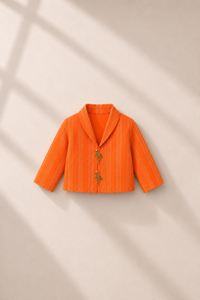 Anaario Orange Flamingo Jacket-Lehenga Set, orange jacket flat lay with gold flamingo buttons