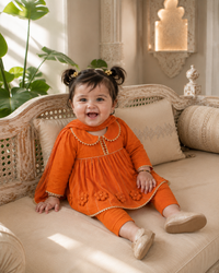 Baby wearing Anaario Orange Floral Anarkali Set, orange dress with pants and dupatta, newborn to 24 months