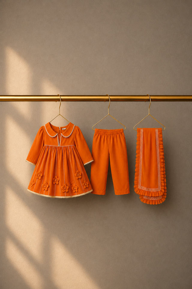 Anaario Orange Floral Anarkali Set, orange dress pants and dupatta on hangers