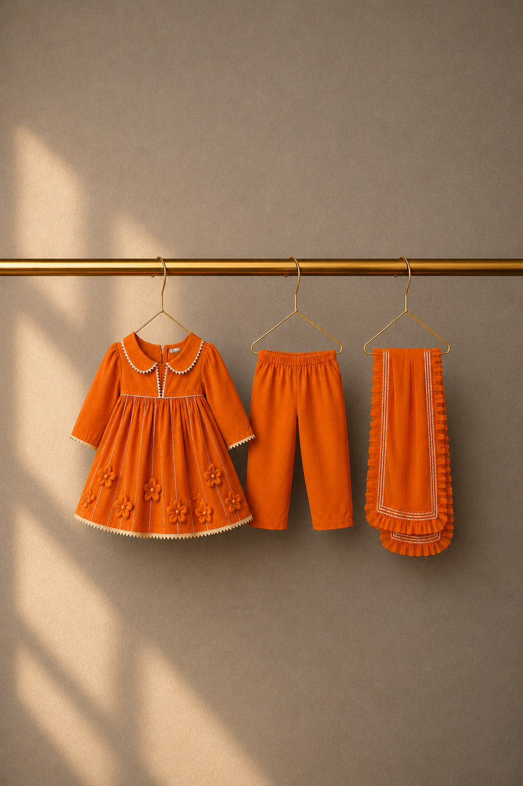 Anaario Orange Floral Anarkali Set, orange dress pants and dupatta on hangers