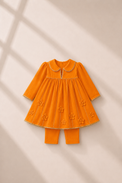 Anaario Orange Floral Anarkali Set, orange dress flat lay with 3D floral appliques