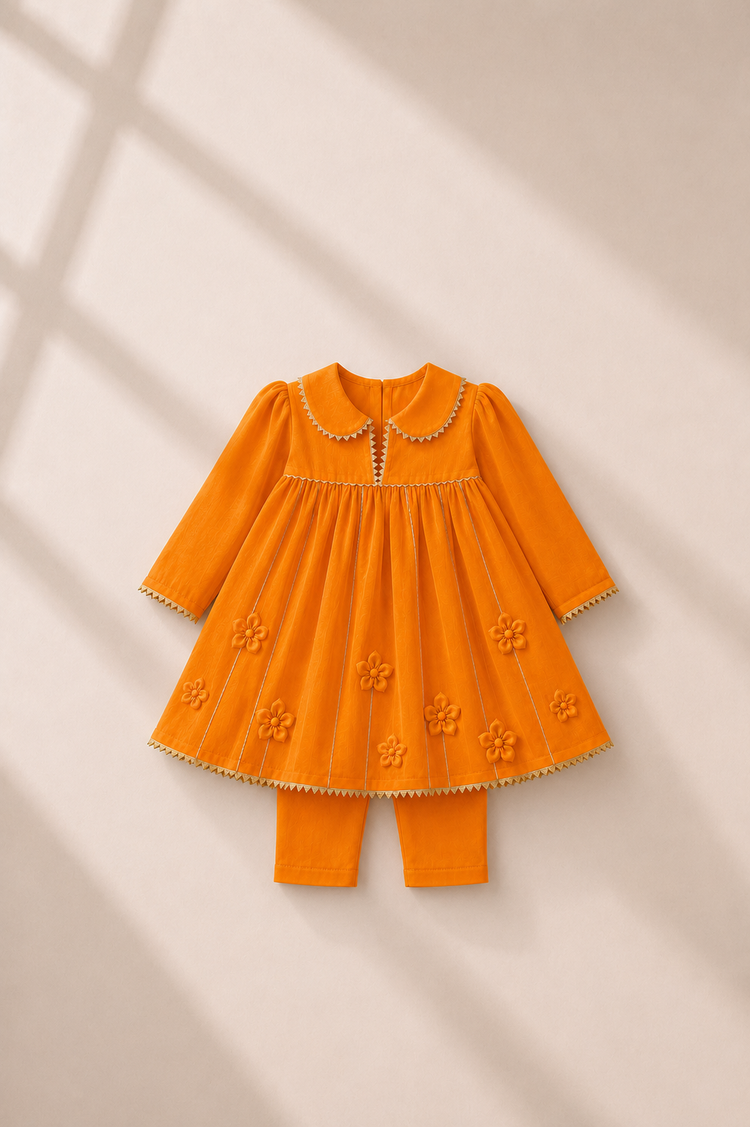 Anaario Orange Floral Anarkali Set, orange dress flat lay with 3D floral appliques