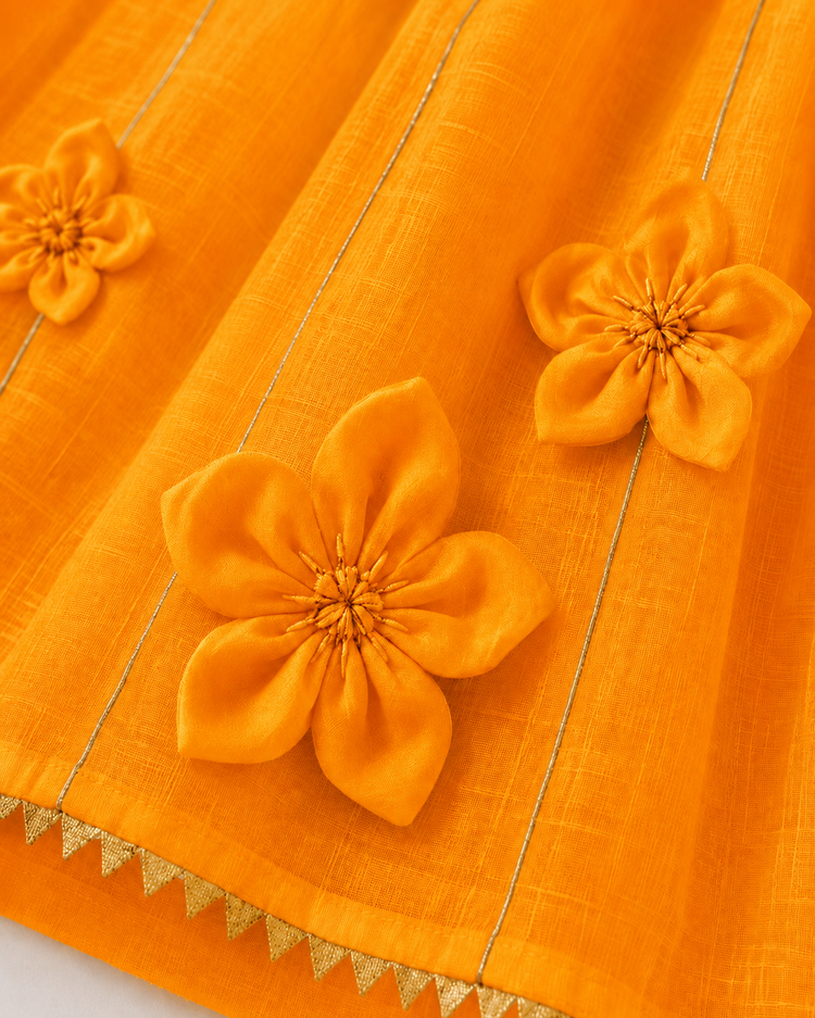 Anaario Orange Floral Anarkali Set, close up of 3D fabric flower appliques
