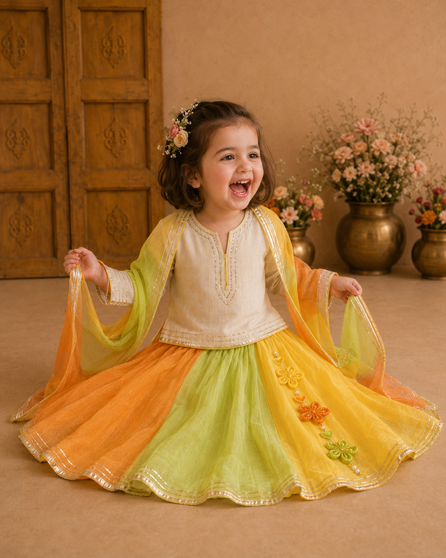 Indian Orange Green Yellow Lehenga Set - Anaario - Image 1