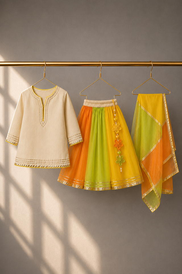 Girl wearing Anaario Orange Green Yellow Lehenga Set