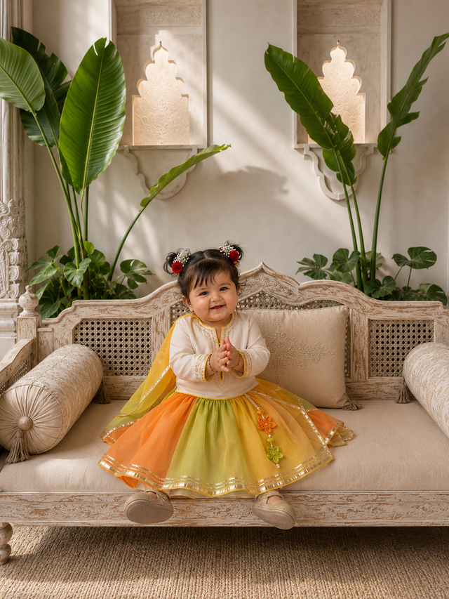 Girl wearing Anaario Orange Lime Yellow Lehenga Set, second pose
