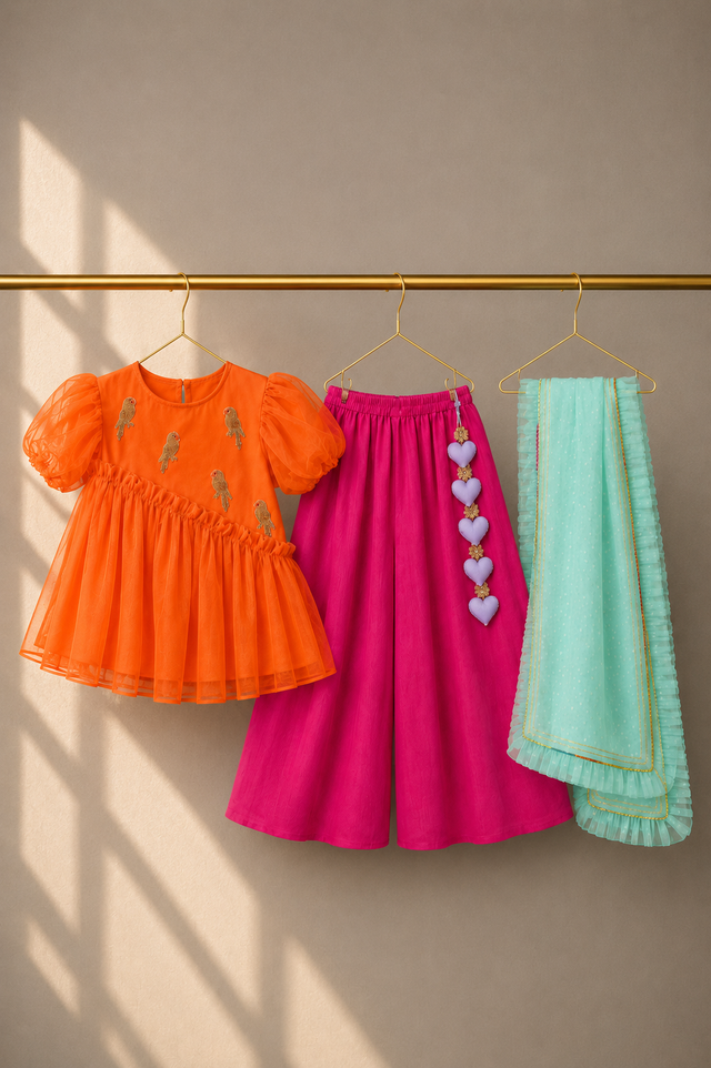 Girl wearing Anaario Orange Parrot Peplum Palazzo Set