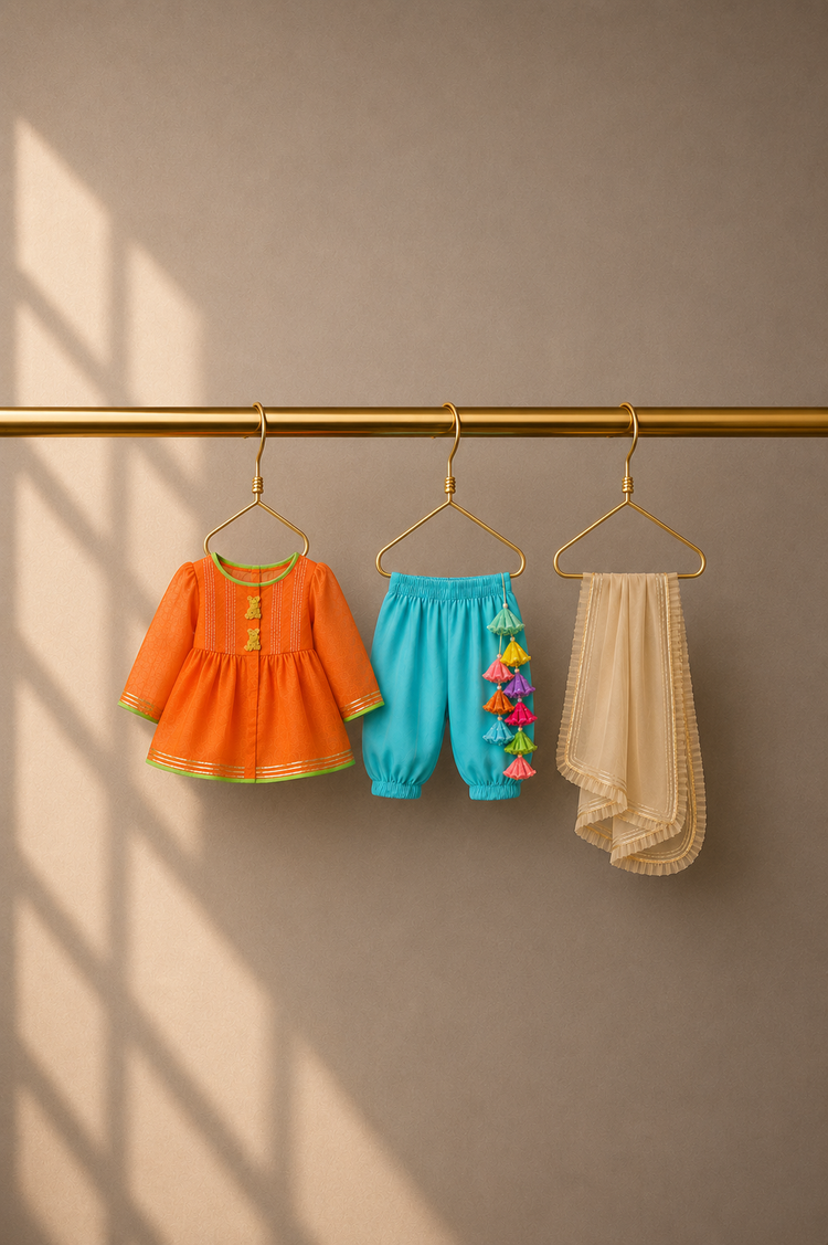 Anaario Orange Pintuck Patiala Salwar Set, orange kurta, sky blue salwar and dupatta on hangers