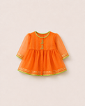 Anaario Orange Pintuck Patiala Salwar Set, orange kurta flat lay with gold pintuck detailing