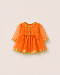 Anaario Orange Pintuck Patiala Salwar Set, orange kurta flat lay with gold pintuck detailing