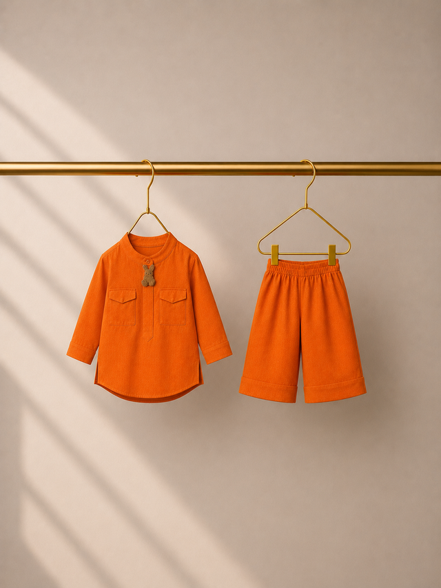 Baby wearing Anaario Orange Rabbit-Motif Baby Kurta Set, orange kurta with rabbit motif, newborn to 24 months
