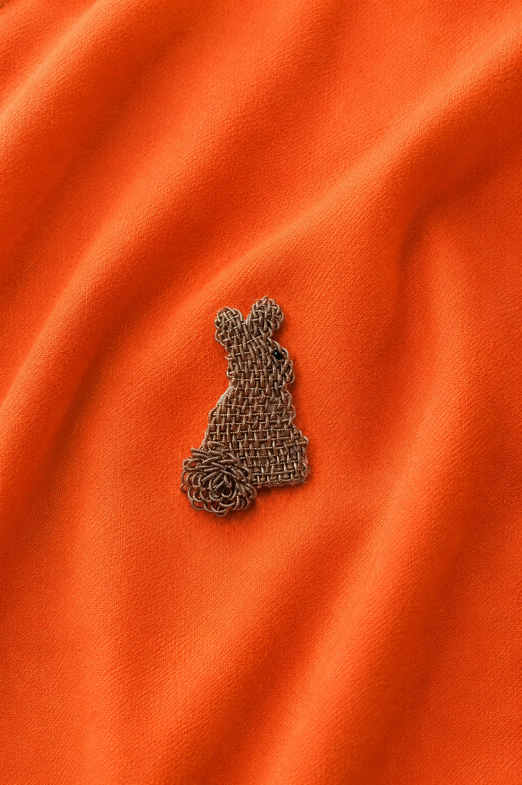 Orange Rabbit-Motif Kurta Set - rabbit brooch detail