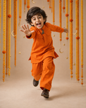 Orange Rabbit-Motif Kurta Set - boy jumping festive