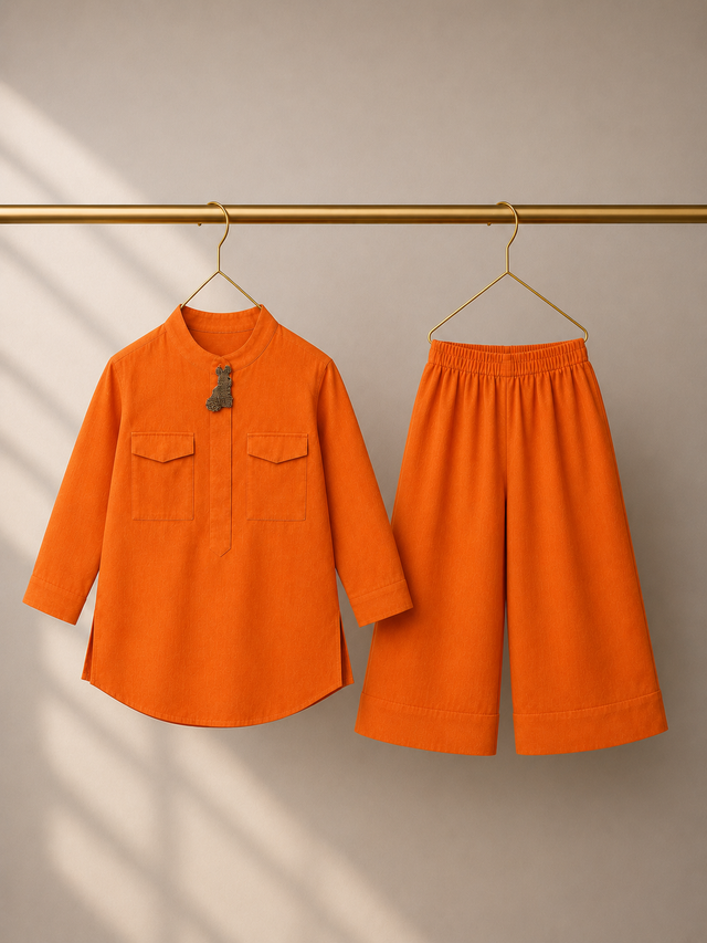 Orange Rabbit-Motif Kurta Set - full co-ord set flat lay