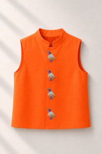 Orange Waistcoat with Bird embroidered buttons - flat lay