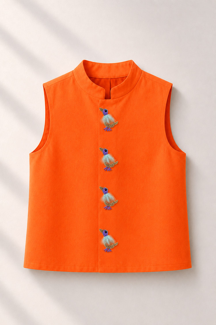 Orange Waistcoat with Bird embroidered buttons - flat lay