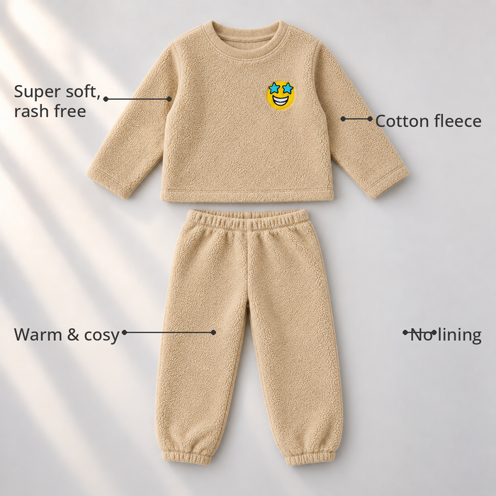 Beige Smiley Fleece Set feature highlights by Anaario – super soft, warm cotton fleece, no lining