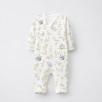 Panda Leaves bamboo cotton baby sleepsuit — full-sleeve two-way zip romper onesie, front