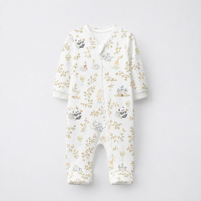 Panda Leaves bamboo cotton baby sleepsuit — full-sleeve two-way zip romper onesie, front