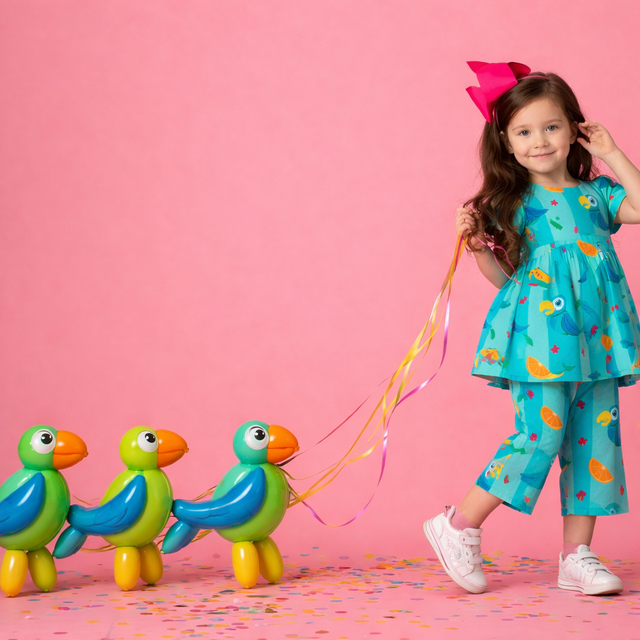 Girl wearing Anaario Parrot and Tropical Fruits Co-ord Set