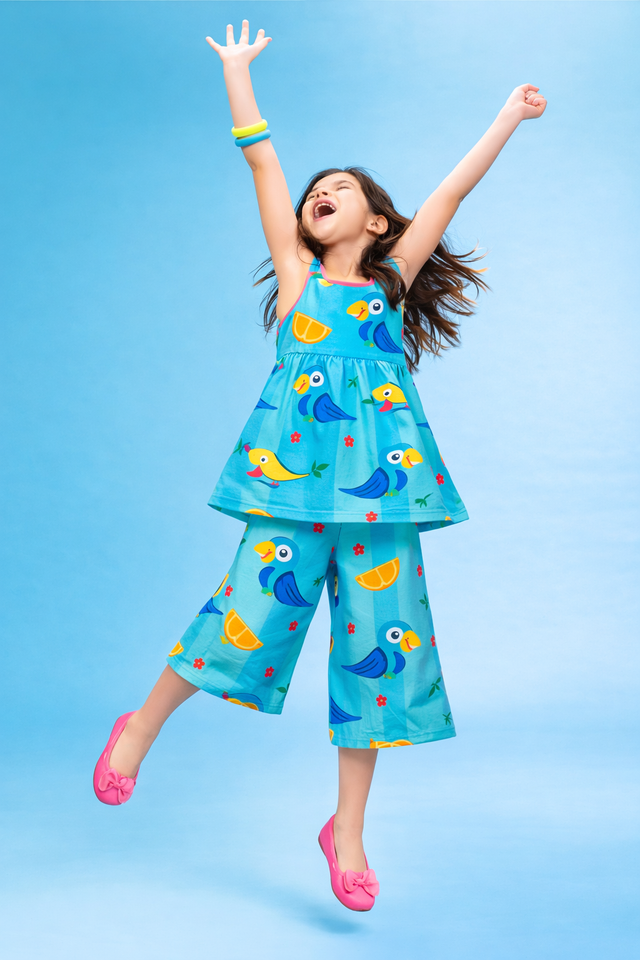 Girl wearing Anaario Parrot and Tropical Fruits Co-ord Set