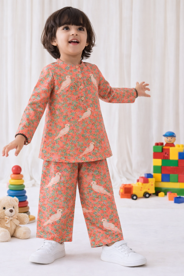 Girl wearing Anaario Peach Parrot Cotton Co-ord Set