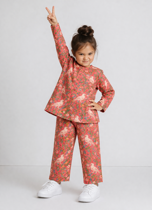 Girl wearing Anaario Peach Parrot Cotton Co-ord Set