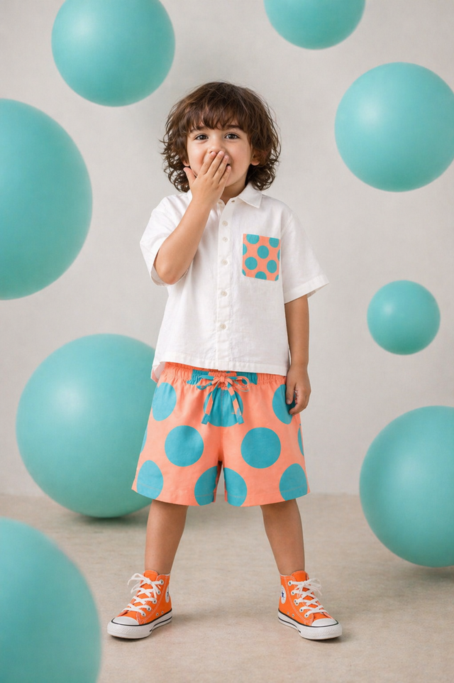 Boy wearing Anaario Peach Pop Pocket Shirt Set