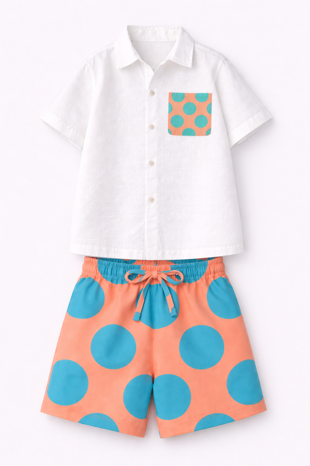 Boy wearing Anaario Peach Pop Pocket Shirt Set