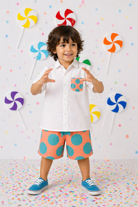 Boy wearing Anaario Peach Pop Pocket Shirt Set