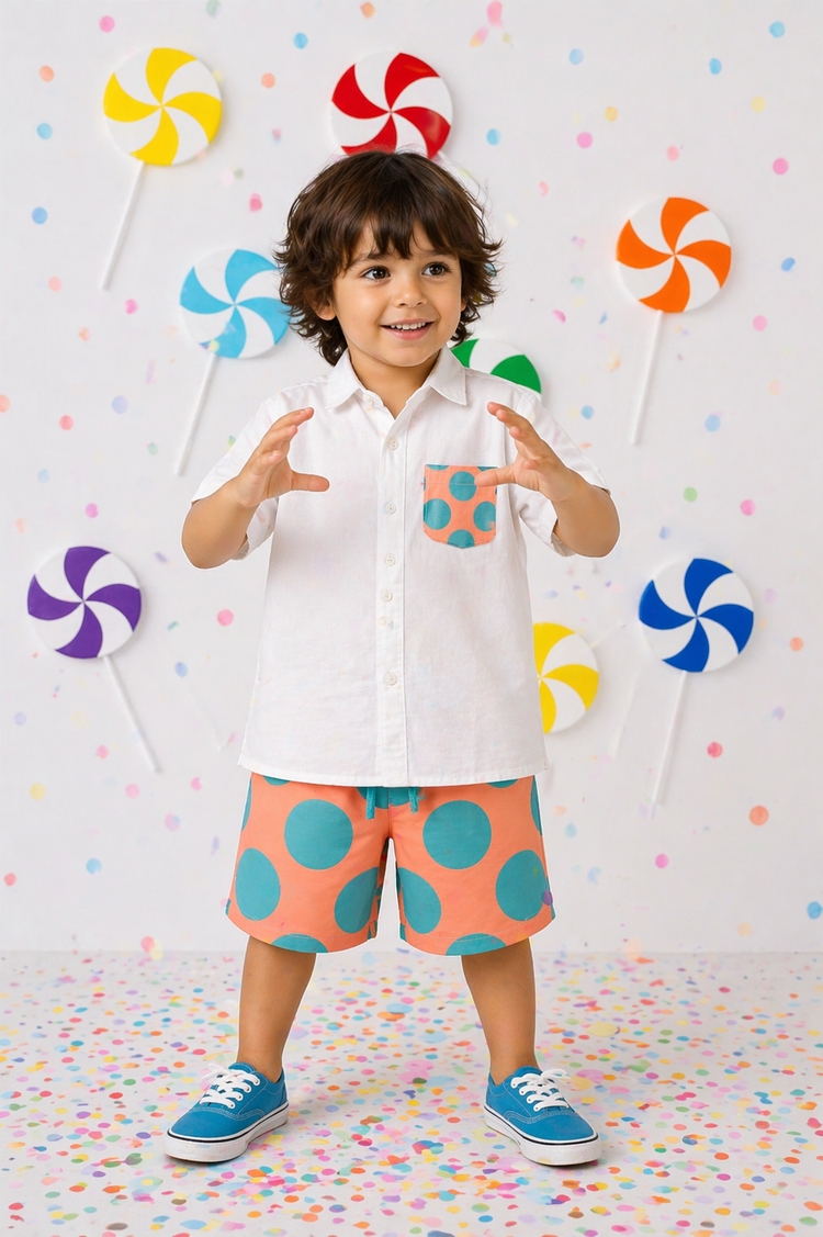 Boy wearing Anaario Peach Pop Pocket Shirt Set