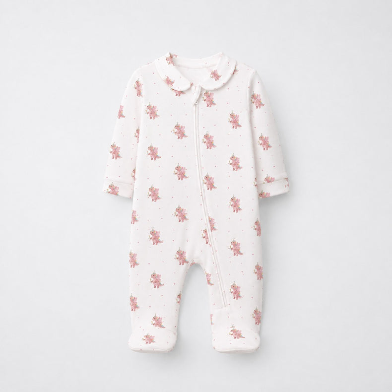 Pink Dino bamboo cotton baby sleepsuit — full-sleeve two-way zip romper onesie, front