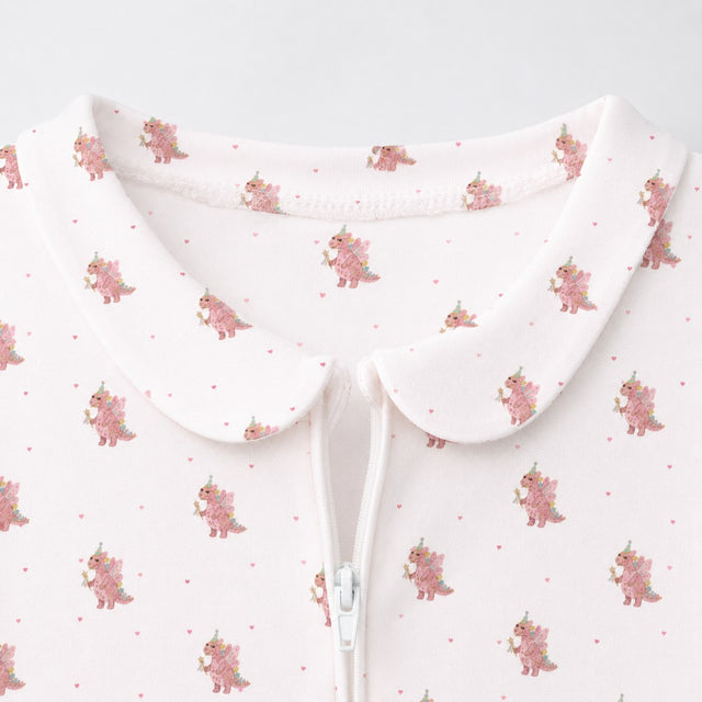 Pink Dino bamboo cotton baby sleepsuit — two-way zip romper onesie