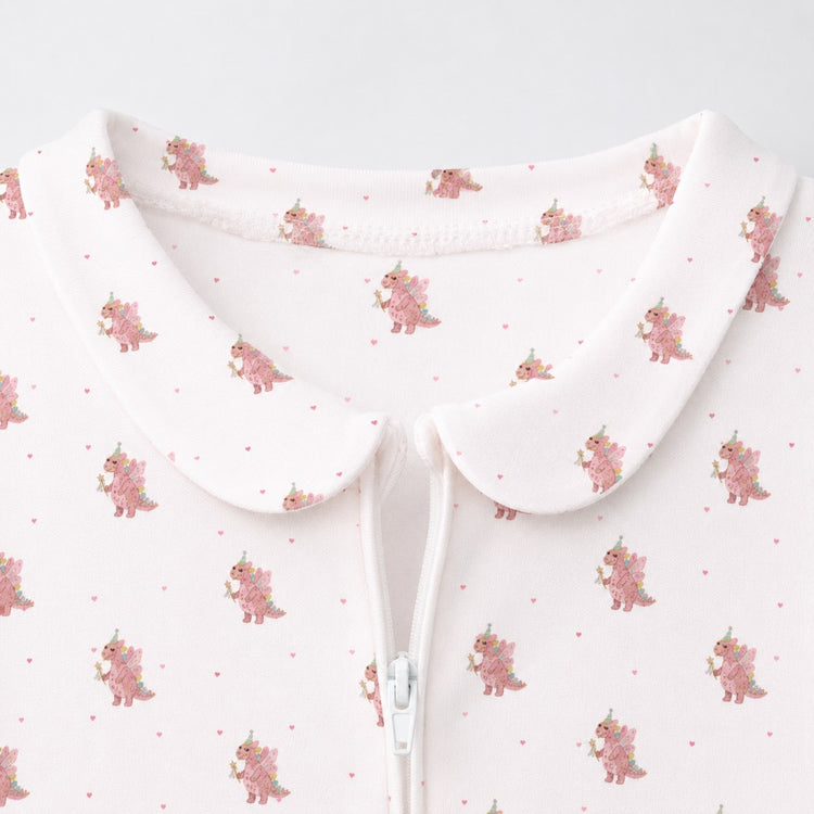 Pink Dino bamboo cotton baby sleepsuit — two-way zip romper onesie