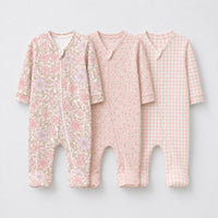 Pink Floral bamboo baby sleepsuit combo — coordinating full-sleeve two-way zip romper onesies