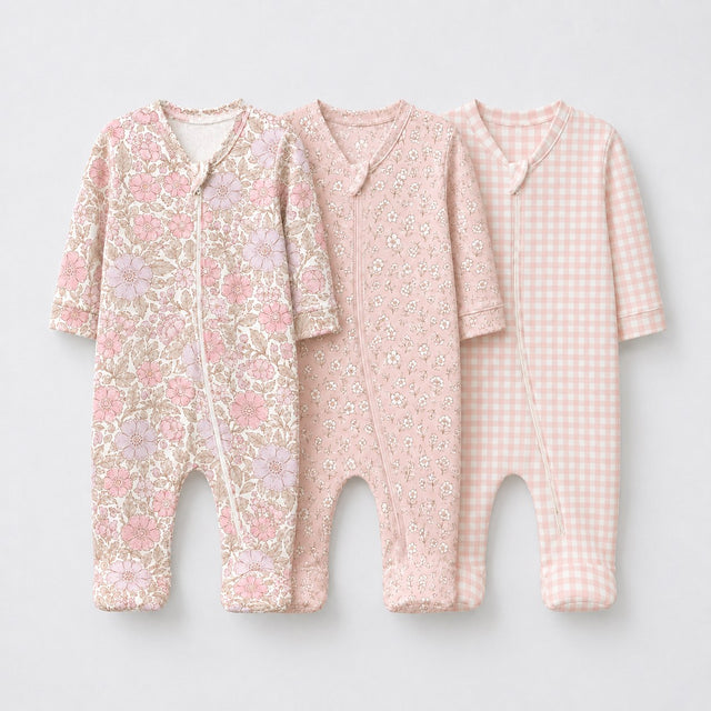 Pink Floral bamboo baby sleepsuit combo — coordinating full-sleeve two-way zip romper onesies