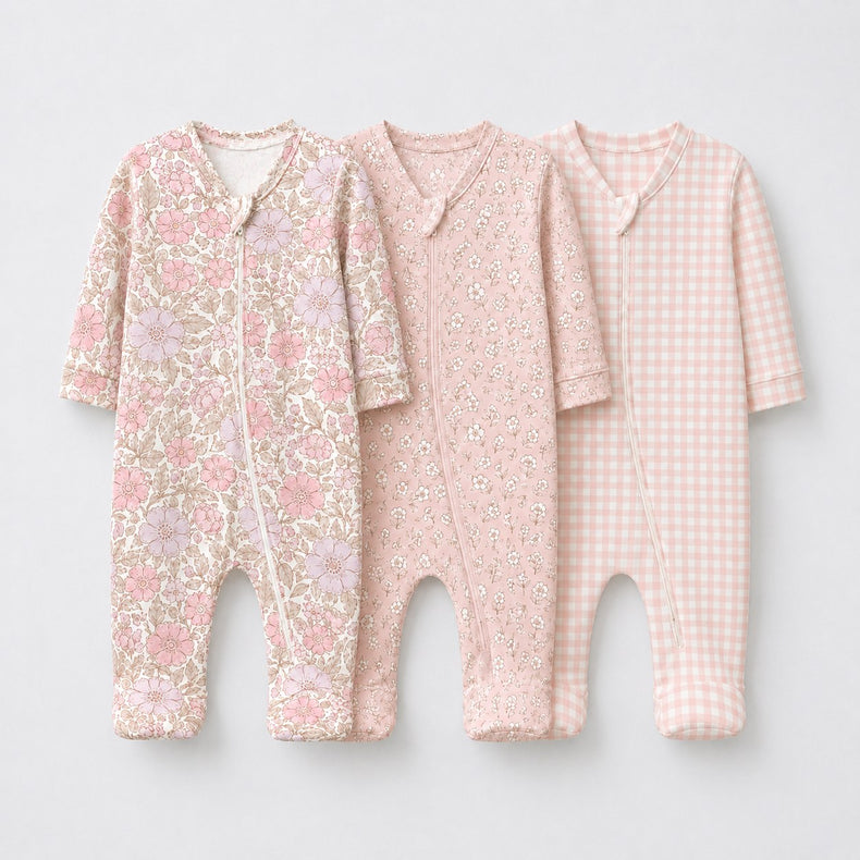 Pink Floral bamboo baby sleepsuit combo — coordinating full-sleeve two-way zip romper onesies