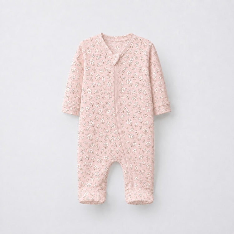 Pink Floral bamboo cotton baby sleepsuit — footed zip-front sleepsuit, onesie romper