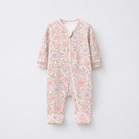 Pink Floral bamboo cotton baby sleepsuit — zip romper onesie detail